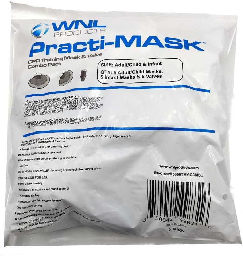 WNL Products 5000TMV-COMBO CPR Training Adult/Child & Infant Practi-MASK & Valve Combo, 5 Adult/Child Masks, 5 Infant Masks, and 5 Valves Fits All WNL Training Masks