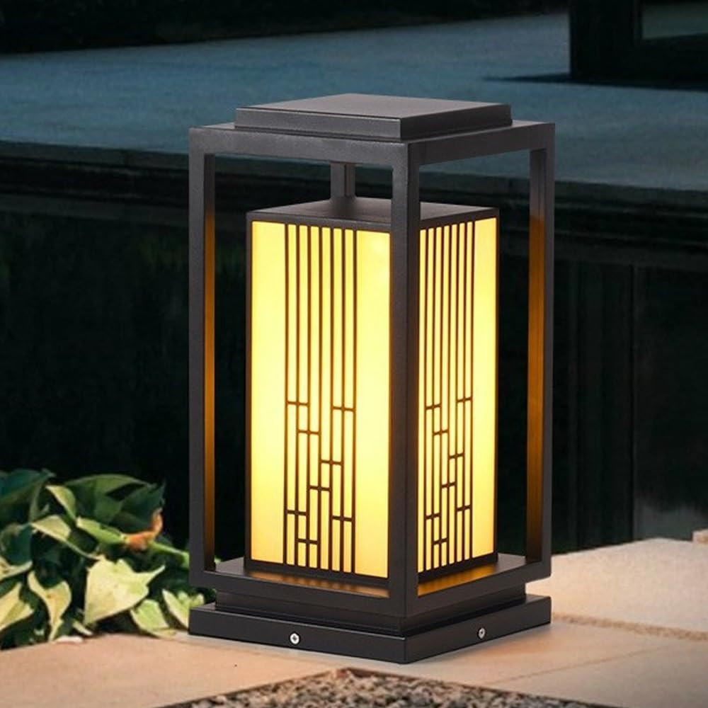HELCEKOU Modern Landscape Path Light Square Black LED Bollard Lighting Fixture Galvanized Sheet Pathway with Imitation Marble Shade IP65 Waterproof Garden Lights for Lawn Courtyard Walkway