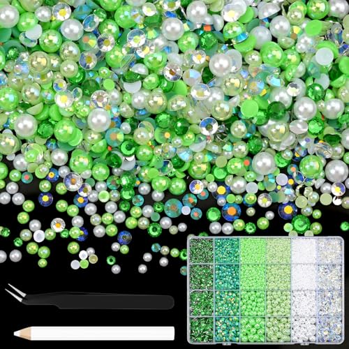 NACHLYNN 10000 Pcs Green Rhinestones and Pearls 3-8mm Half Pearl Bead Resin Rhinestones Kits Comes with Jewelry Pen and Tweezers Suitable for Nail Art Clothing Handmade DIY Decoration