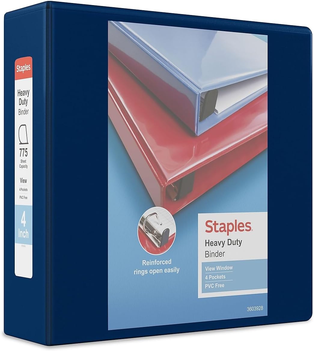 Staples Heavy‑Duty View Binder, 4" D‑Ring, Navy Blue, Reinforced Spine, High‑Capacity 3‑Ring Binder for School & Office Organization