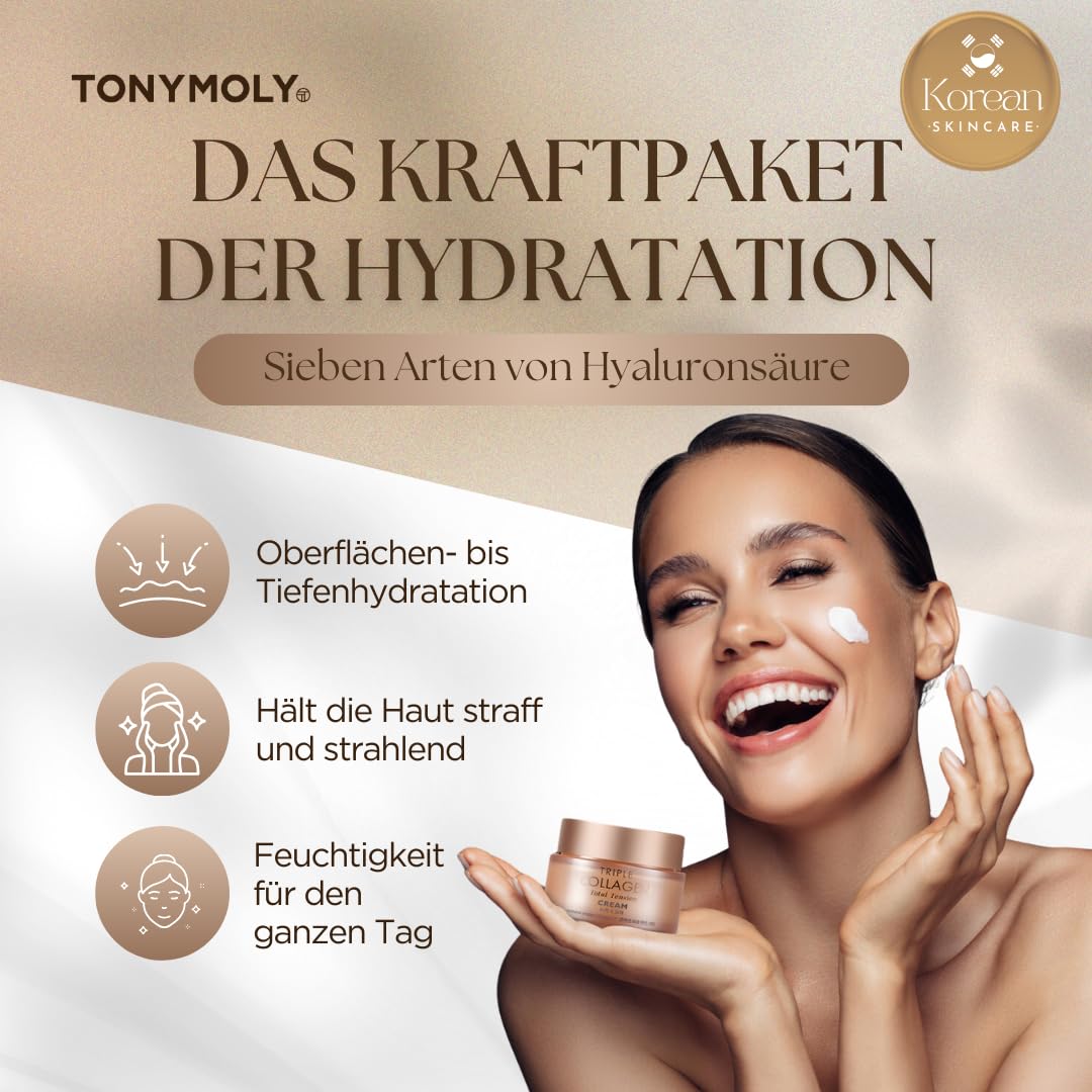 TONYMOLY Triple Collagen Total Tension Cream - Crème raffermissante de la peau, anti-rides, éclaircissante au collagène pour le visage avec niacinamide, Vit C - Soin du visage coréen pour tous les