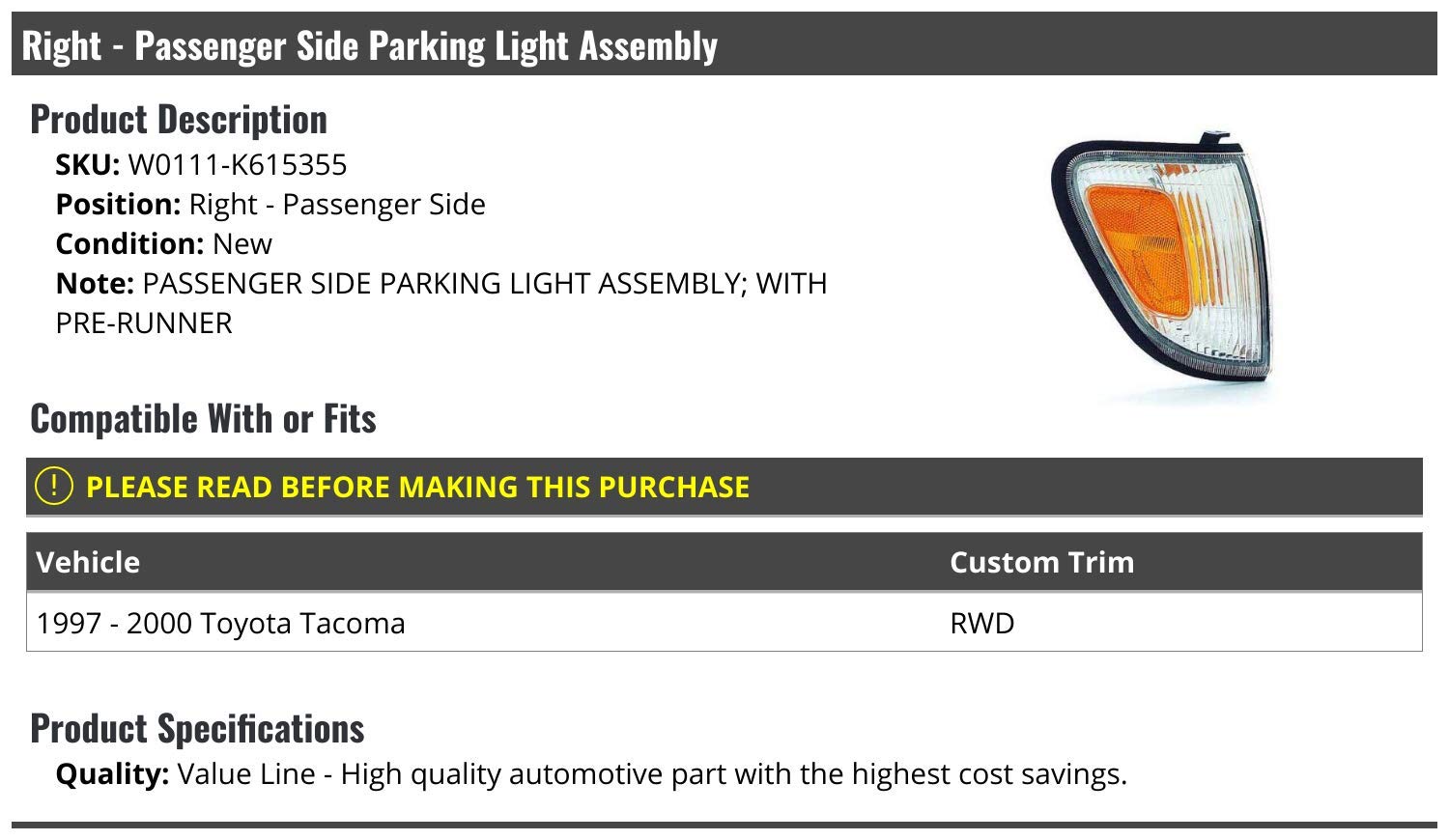 Marketplace Auto Parts Right Passenger Side Parking Light Assembly - Compatible with 1997-2000 Toyota Tacoma RWD with Pre-Runner