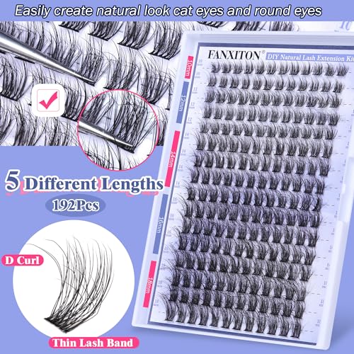Image of FANXITON Natural Lash Extension Kit D Lash Clusters 288 pcs 10-18 mm Mix DIY Eyelash Extension Kit with Lash Bond and Seal Lash Tweezers Individual Lashes For Beginners