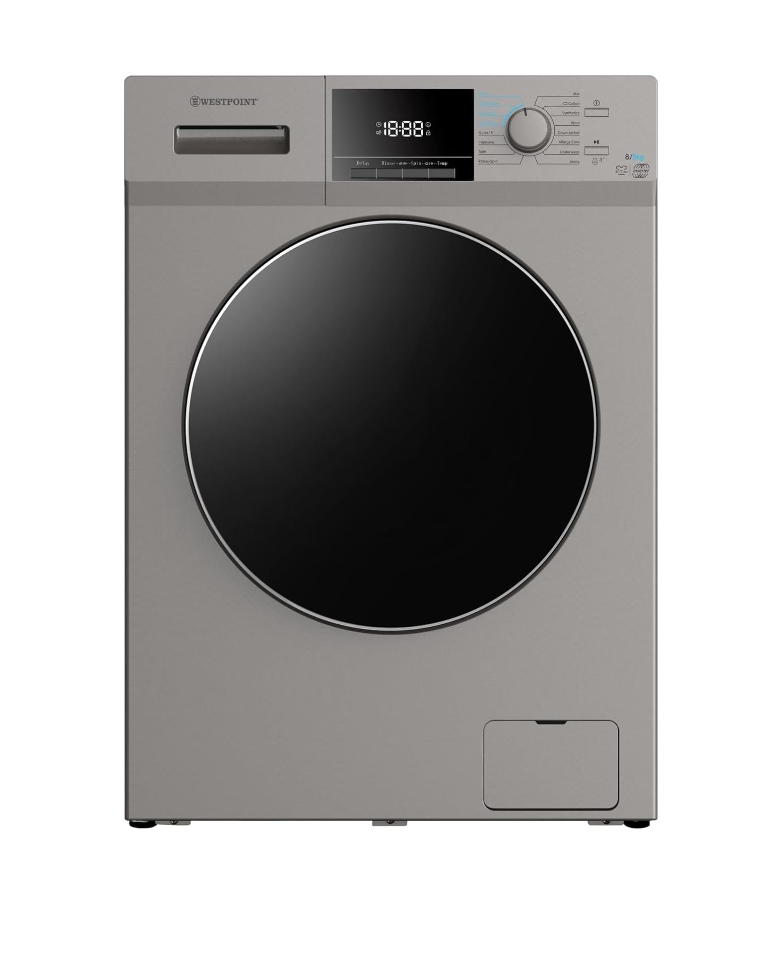 Westpoint 8Kg Washer & 5Kg Dryer Fully Automatic Combo Washing Machine, INVERTER MOTOR, 1400 RPM, 12 Easy Wash Programs, Quick Wash in 15min & 4 Drying Program, Led Panel, WDMT-81424ES, NEW MODEL