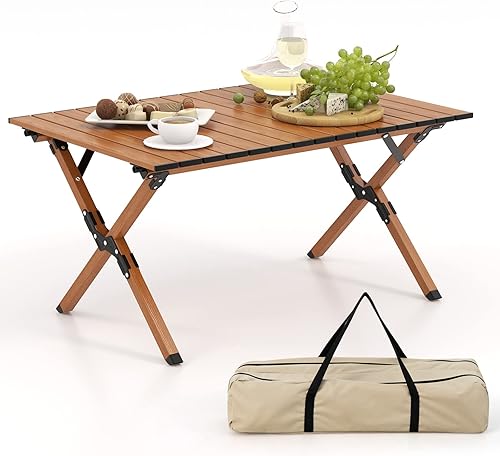 COSTWAY Mesa de picnic plegable, mesa de campamento de aluminio enrollable con veta de madera, mesa de playa portátil de baja altura con bolsa de