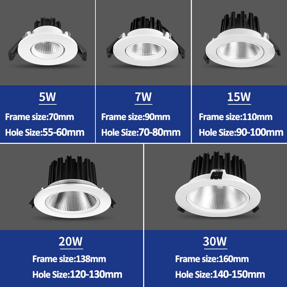 Reflektor sufitowy LED do zabudowy (zestaw 3/6) 5 W, 7 W, 15 W, 20 W, 30 W, możliwość wyboru o wysokiej jasności.