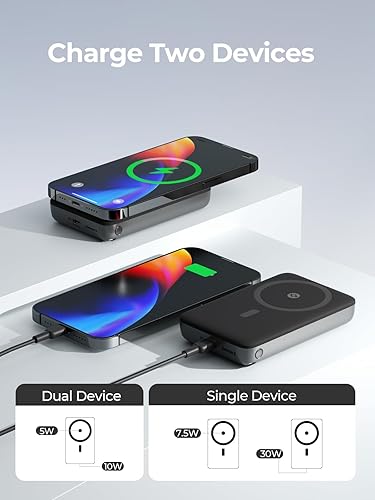 Miniatura 6 de AMEGAT Cargador portátil inalámbrico magnético de 10000 mAh, batería magnética plegable de 30 W, banco de energía con carga rápida USB-C