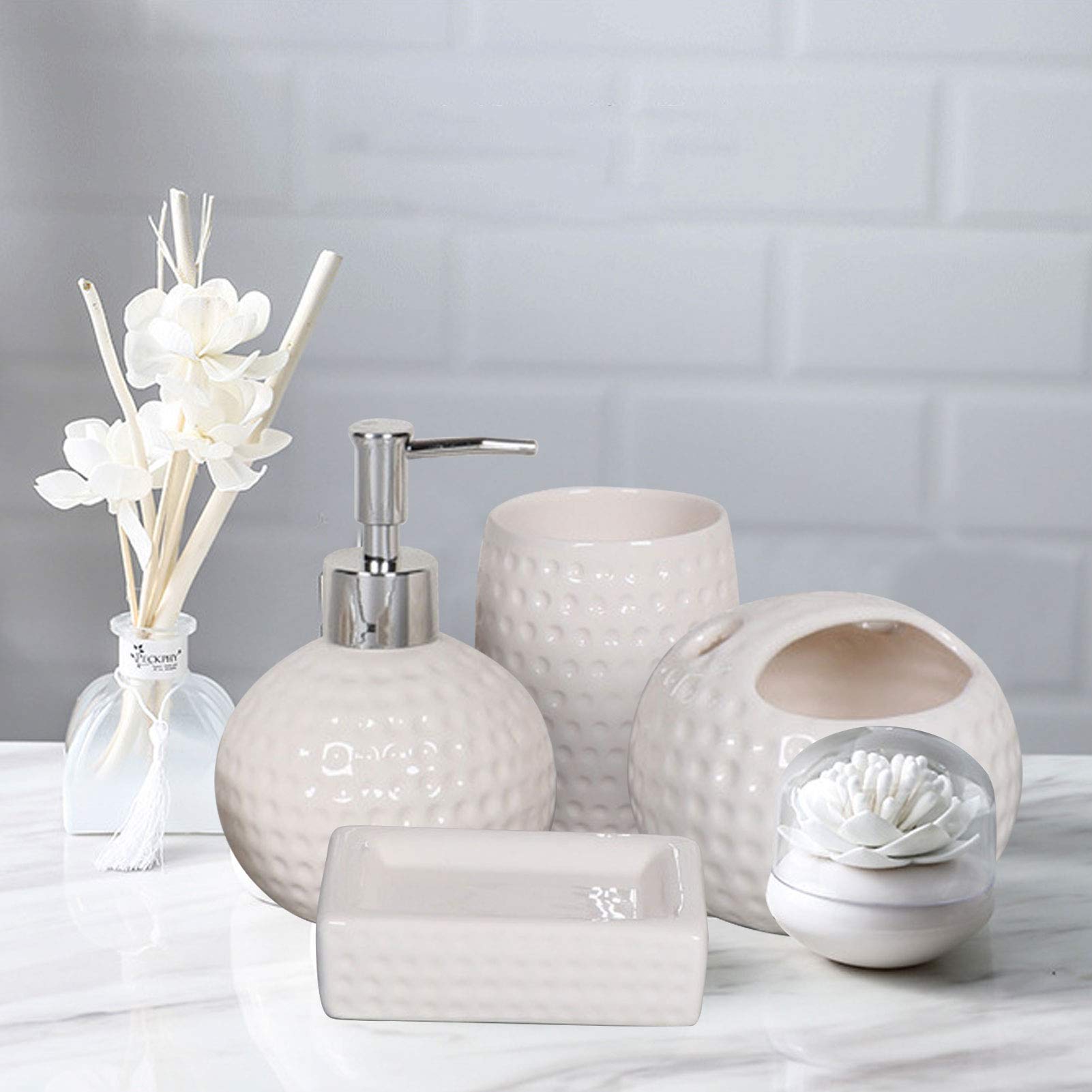 Zestaw akcesoriów łazienkowych, 4-częściowy ceramiczny zestaw akcesoriów łazienkowych, kompletny wystrój zawiera dozownik mydła, uchwyt na szczoteczkę do zębów, mydelniczkę, kubek