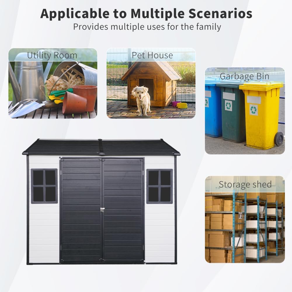 Heavy-Duty Resin Outdoor Storage Shed with Floor, Lockable Door, and Ventilation Windows for Garden, Patio, or Backyard Use (Grey+White + Polypropylene)