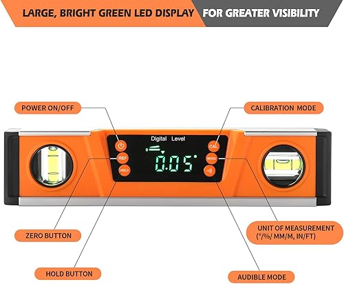 Miniatura 8 de Nivel de torpedo digital de 10 pulgadas y transportador Imanes de neodimio Pantalla LED brillante Base magnética V-GROOVE Nivel inteligente
