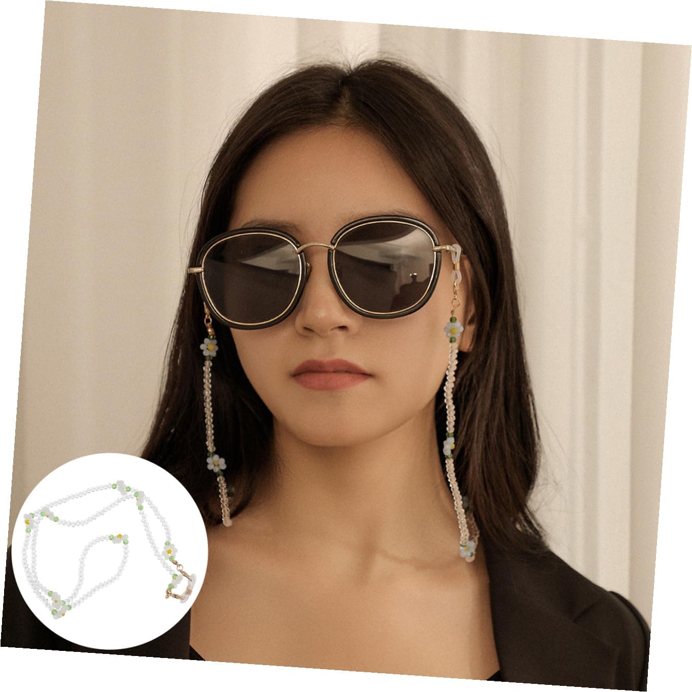 Milisten Mask Anti-lost Chain and Stylish Eyeglass Necklace with Crystal Beads and Flower Pendant, White Multi-purpose Hanging Chain for Women’s Sweater and Glasses Accessories