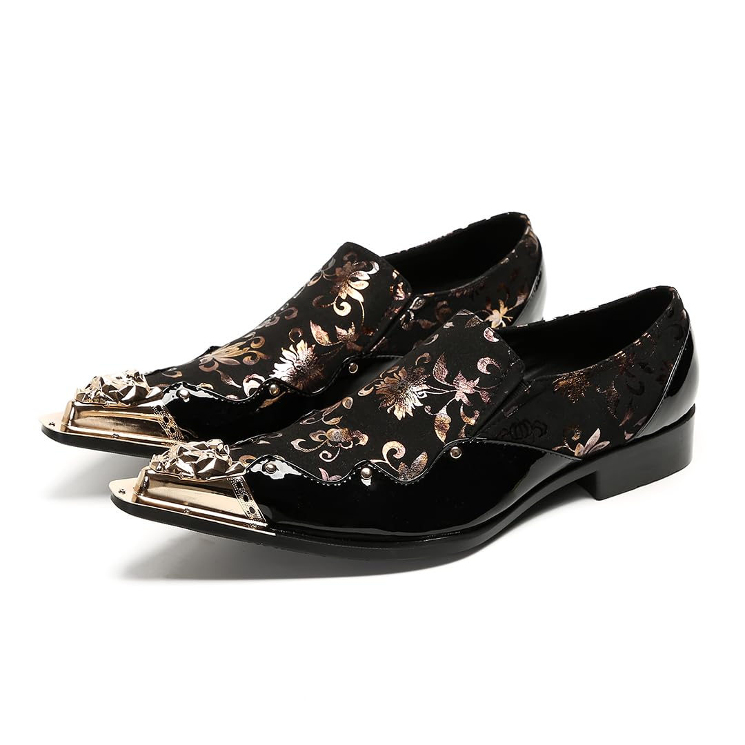 Men's Luxury Dress Loafers Floral Pattern Patent Leather Loafers with Gold Metal Toe Rose Gold Flower Print Slip-on Formal Shoes