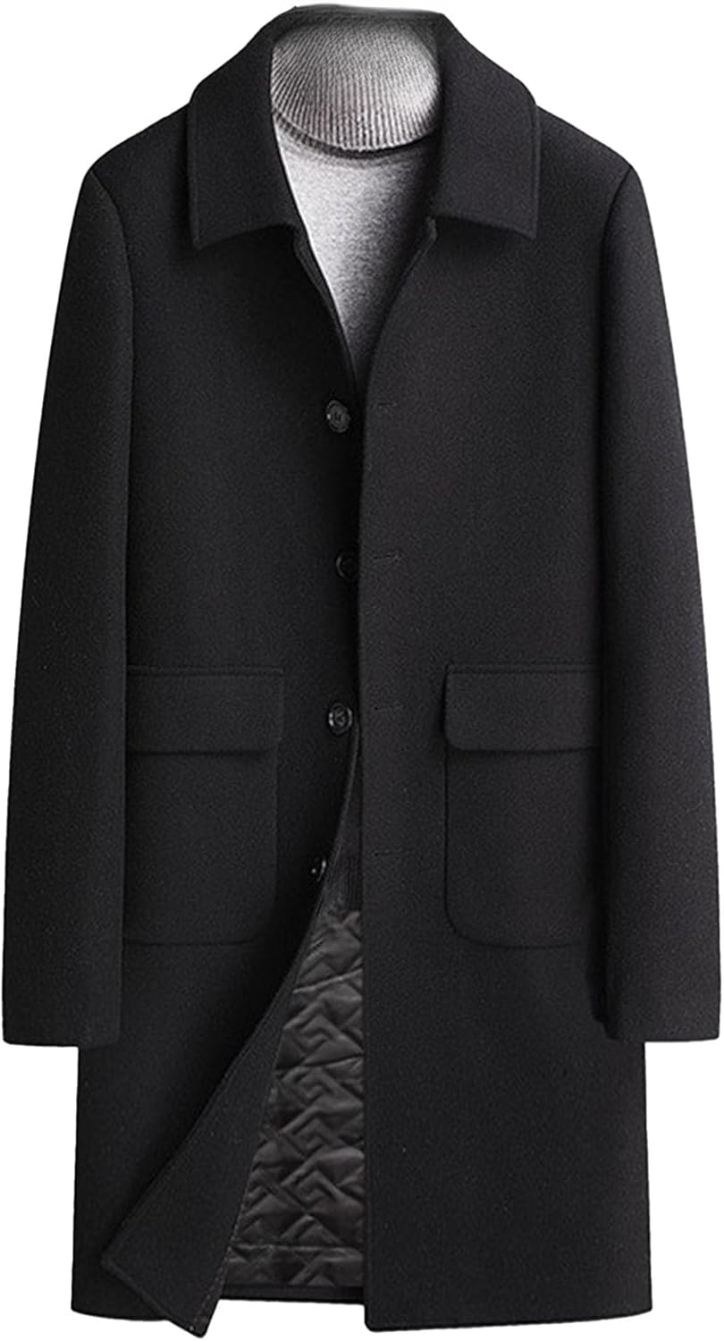 Men's Classic Wool Blend Pea Coat Winter Single Breasted Business Overcoat Mid Long Trench Coat With Pocket