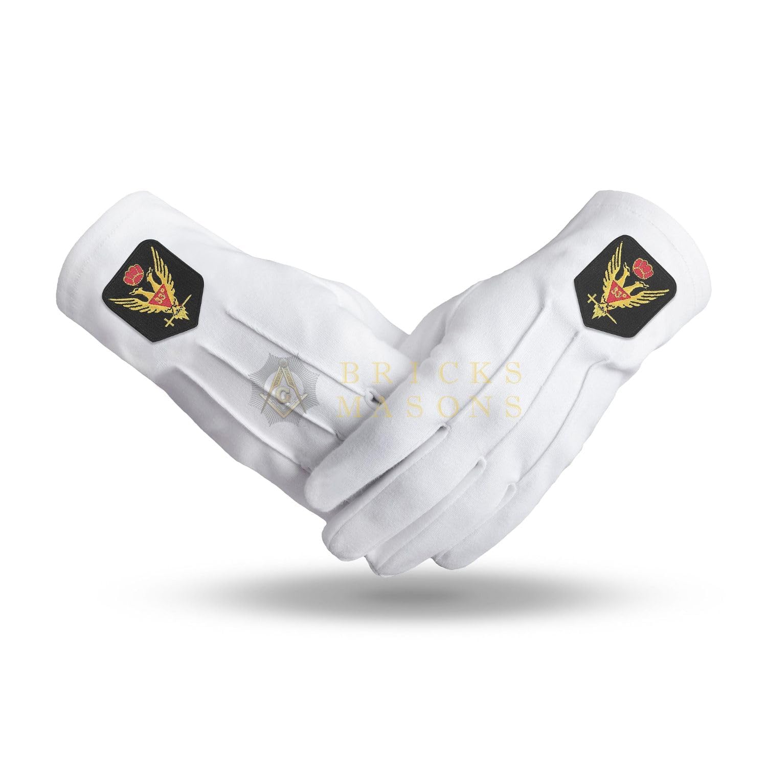 BRICKS MASONS 33rd Degree Scottish Rite Glove - White Cotton With Gold Emblem - Large