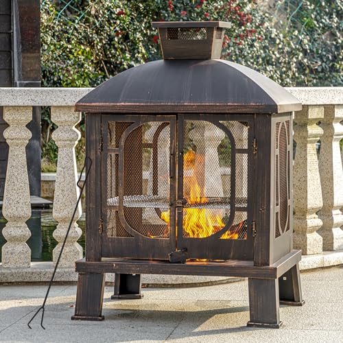 45" H×31''W Metal Chiminea Fire Pit with Grill, Wood Burning Fire Pits for Outside,Square Chimineas Fireplace with Mesh Spark Screen Door& Fire Poker for Garden,Yard,BBQ,Bonfire (Black&Gold)