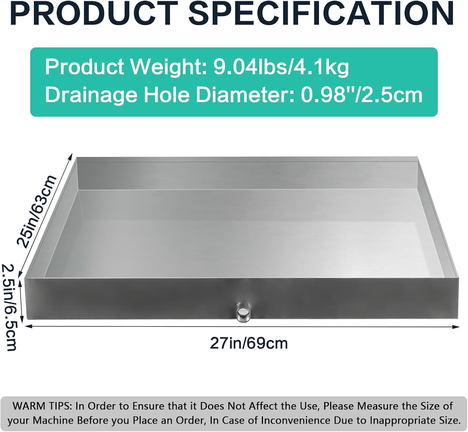 27" x 25" Stainless Steel Washer and Dryer Drain Pan