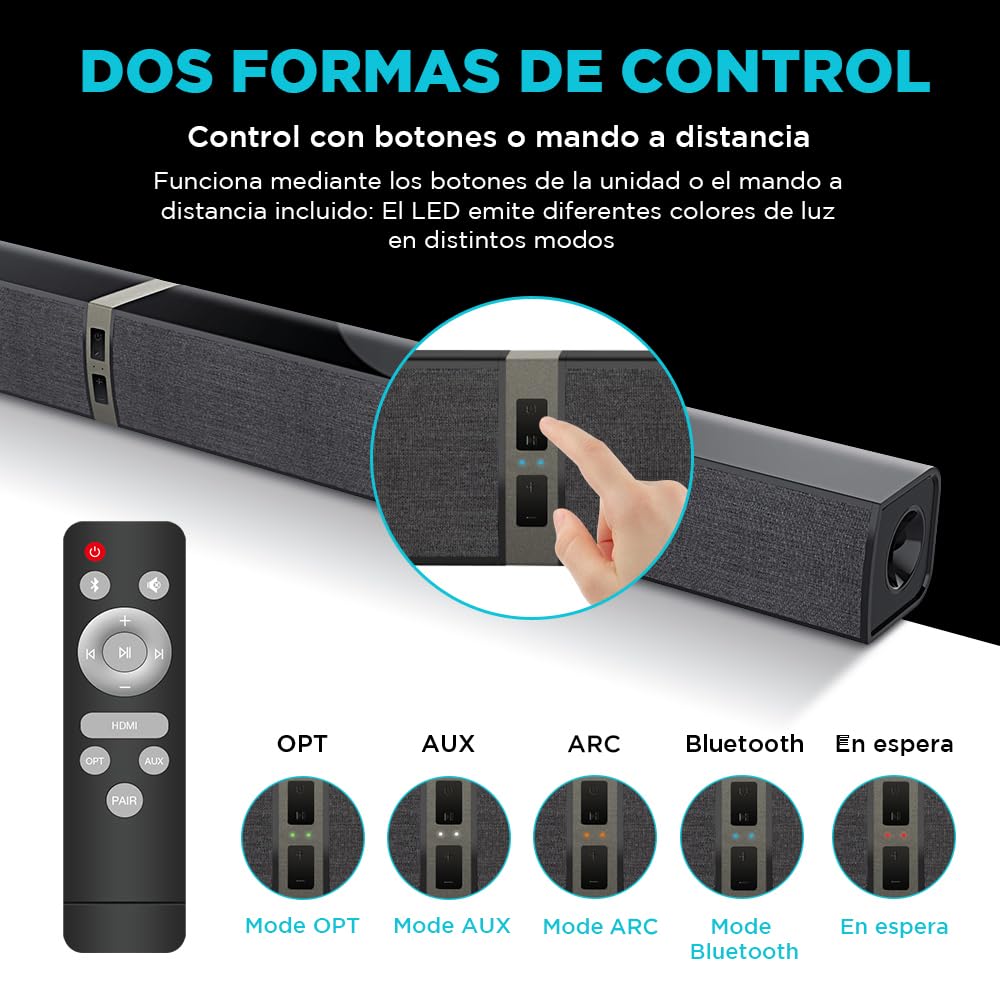 2.0 Barra de Sonido para TV, Barra de Sonido Separable 2 en 1 de 32 Pulgadas para Dispositivos de TV con 3 Modos de ecualización y 3 Sonidos envolventes, ARC/Óptico/AUX, 1pcs