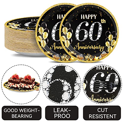 Image of Qyeahkj 48pcs 60th Anniversary Party Plates 60th Wedding Anniversary Disposable Paper Dessert Plates Supplies for Black and Gold Dessert Plates Tableware Decorations