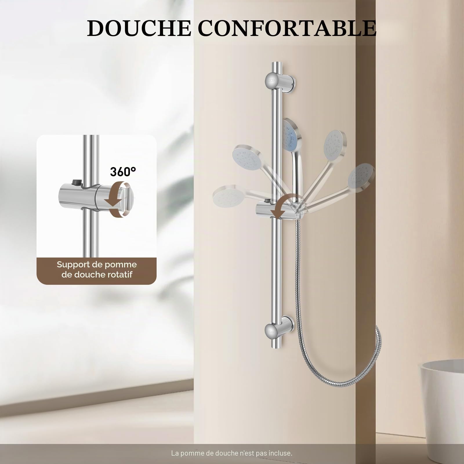 Barre de douche en acier inoxydable 304 - 66 cm - Angle réglable - Support de pommeau de douche