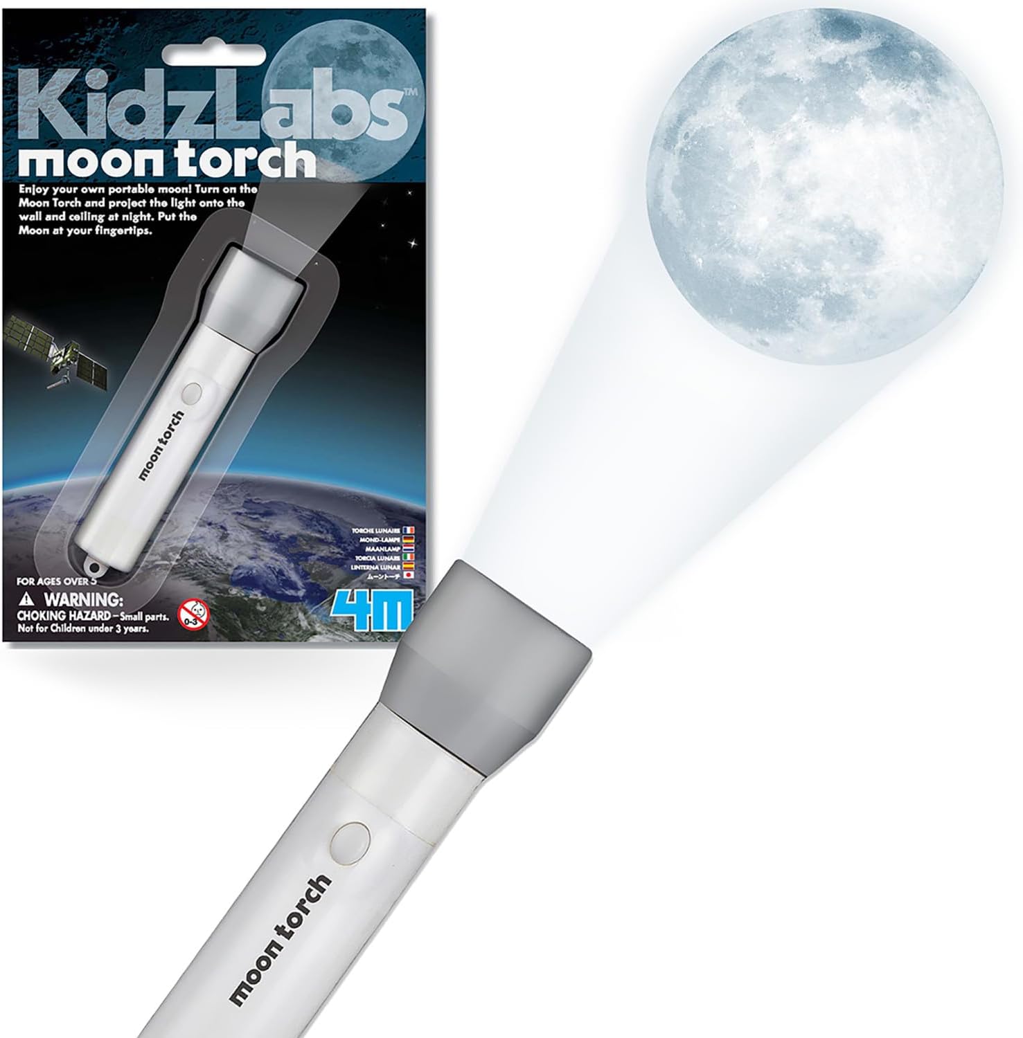 4M: KidzLabs - Moon Torch - Portable Projecting Toy Flashlight, Adjustable Focus Lens, Cast On Walls-Ceilings, Realistic Moon Image, Handheld, Kids 5+