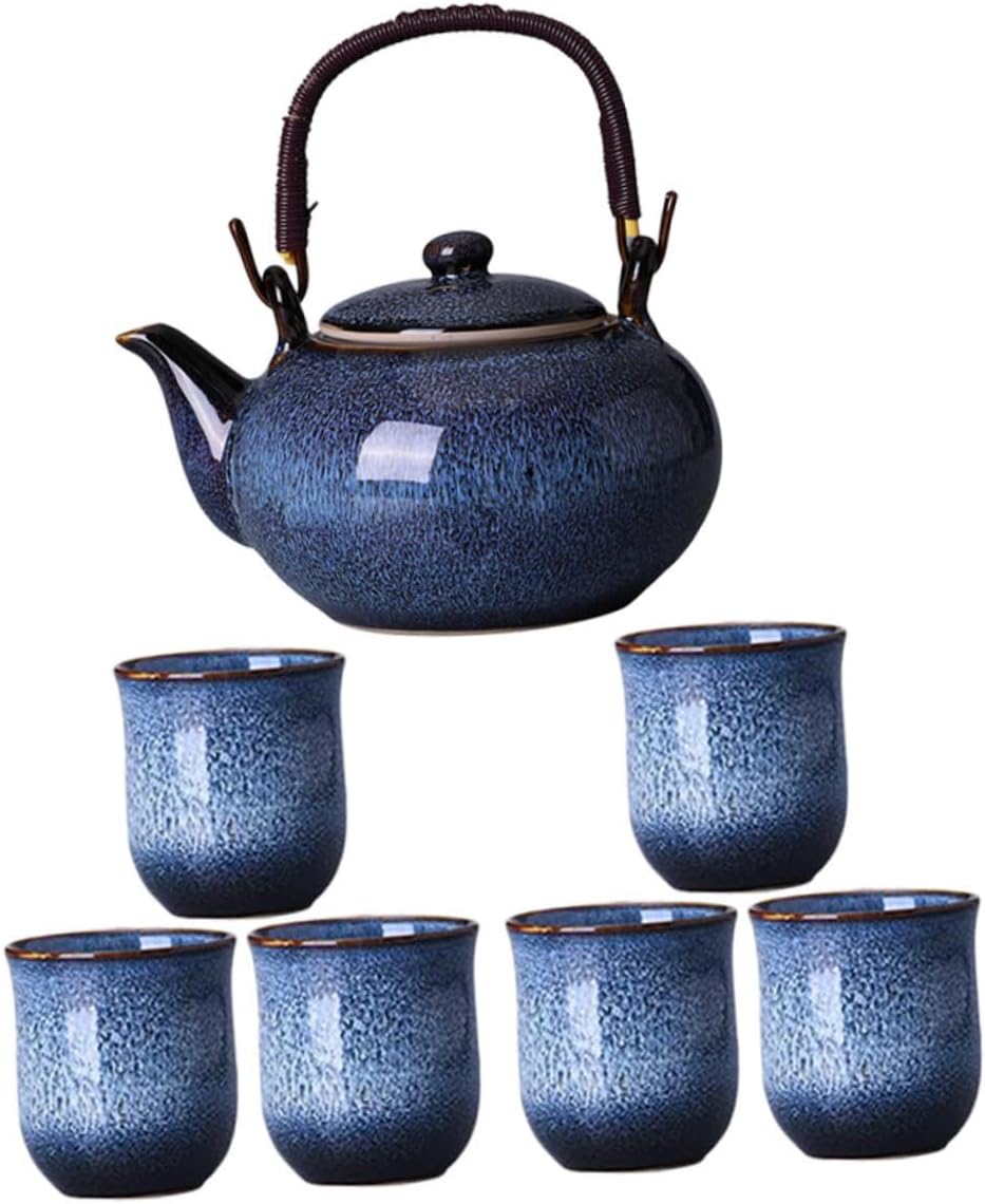 Alipis Portable Chinese Gongfu Ceramic Tea Set 800ml Teapot with Handle and Six 130ml Cups Kiln-glazed Porcelain Travel Tea Cup Set for Family Gatherings
