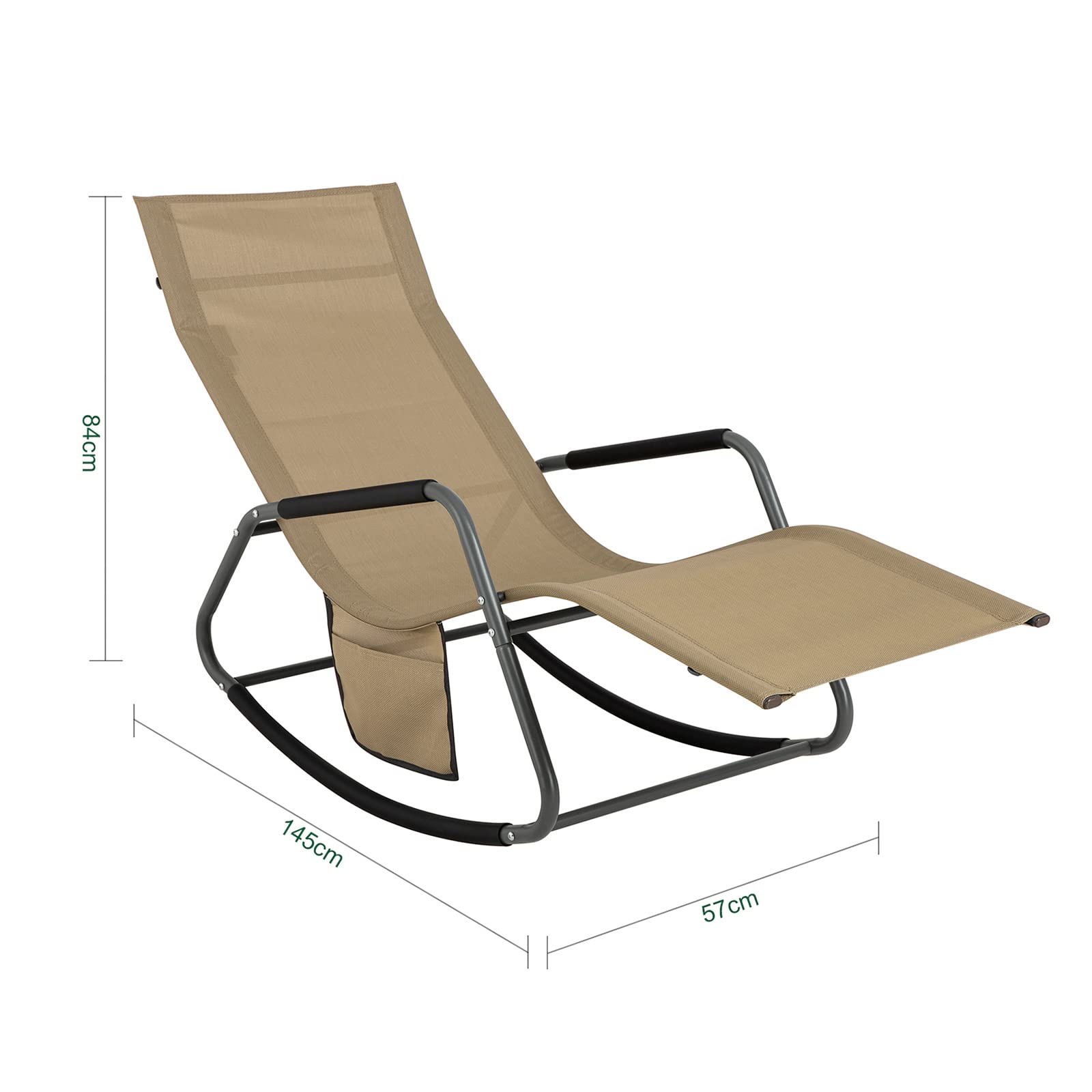 SoBuy Transat Jardin Exterieur Chaise Longue à Bascule Fauteuil Relax Extérieur avec Pochette Latérale Bain de Soleil pour Terrasse Balcon et Plage Kaki 143x57x85 cm OGS47-KA