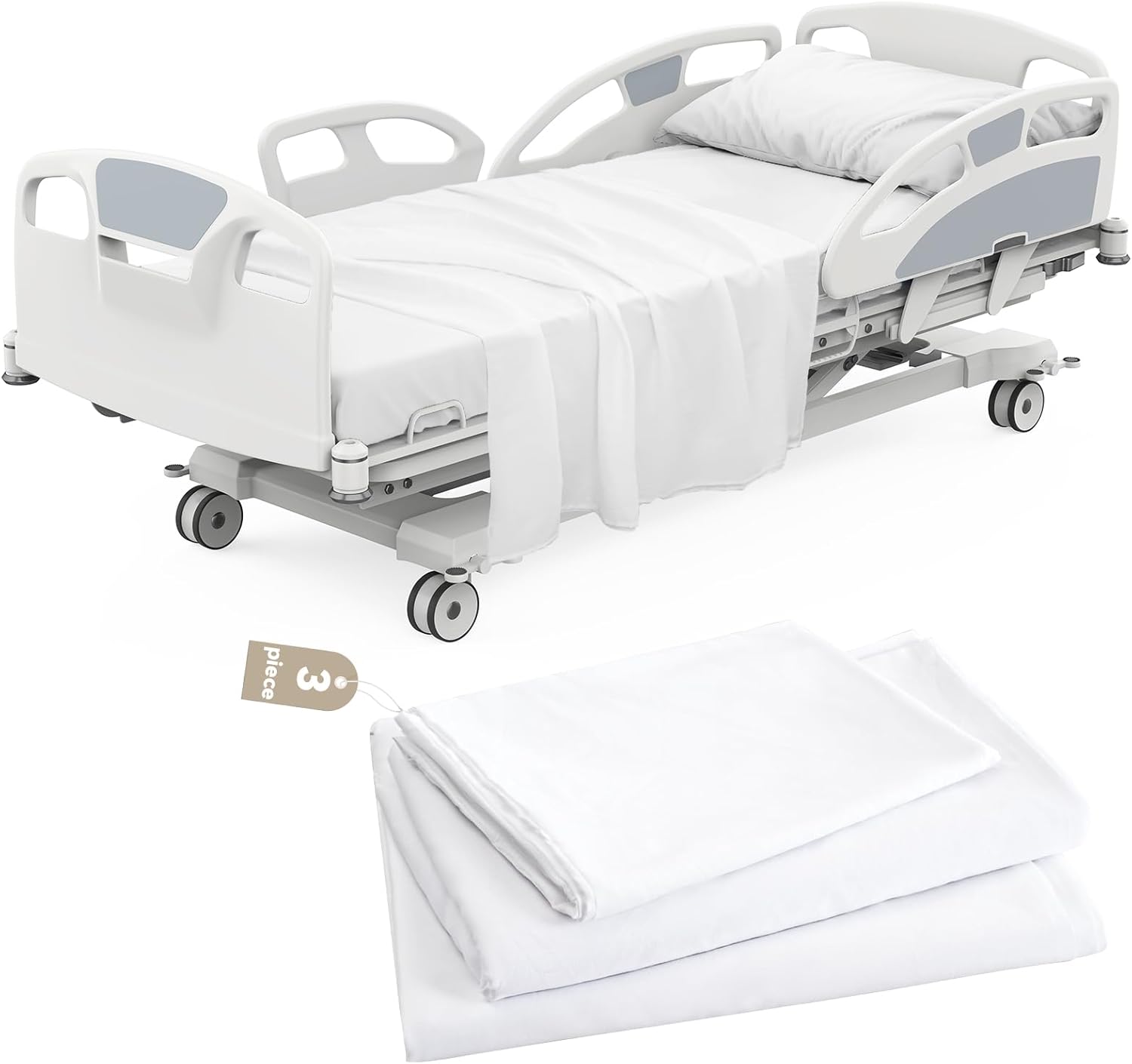 Hospital Bed Sheets Set 3 Piece for Home Use & Hospital Care Beds, 1 Fitted Sheet 36" x 84" x14", 1 Flat Sheet and 1 Pillowcase, Shrinkage & Stain Resistant Hospital Bed Sheet Set, White