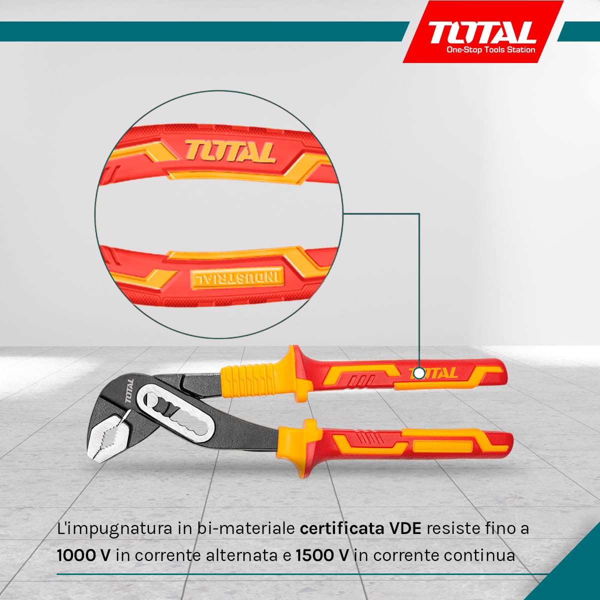 TOTAL - Pinze a becco di pappagallo isolate - Certificazione VDE - Apertura massima 40 mm - Acciaio - Dimensioni: 250 mm - Per progetti elettrici
