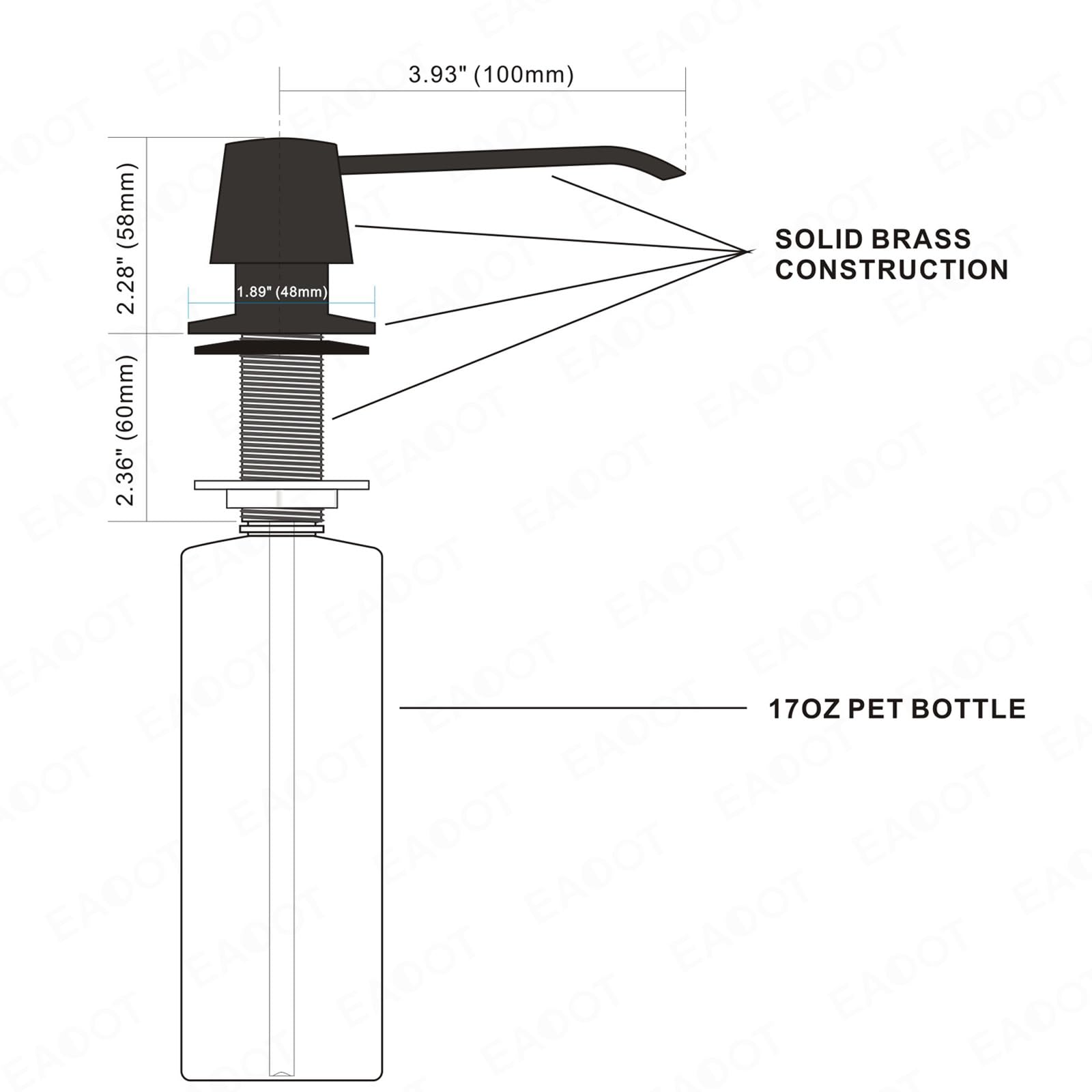 EADOT Distributeur de savon intégré en laiton à longue buse pour évier de cuisine avec bouteille en PET de 500 ml par le haut, tête de pompe en laiton de comptoir, convient aux trous de 2,5 cm à 4,6