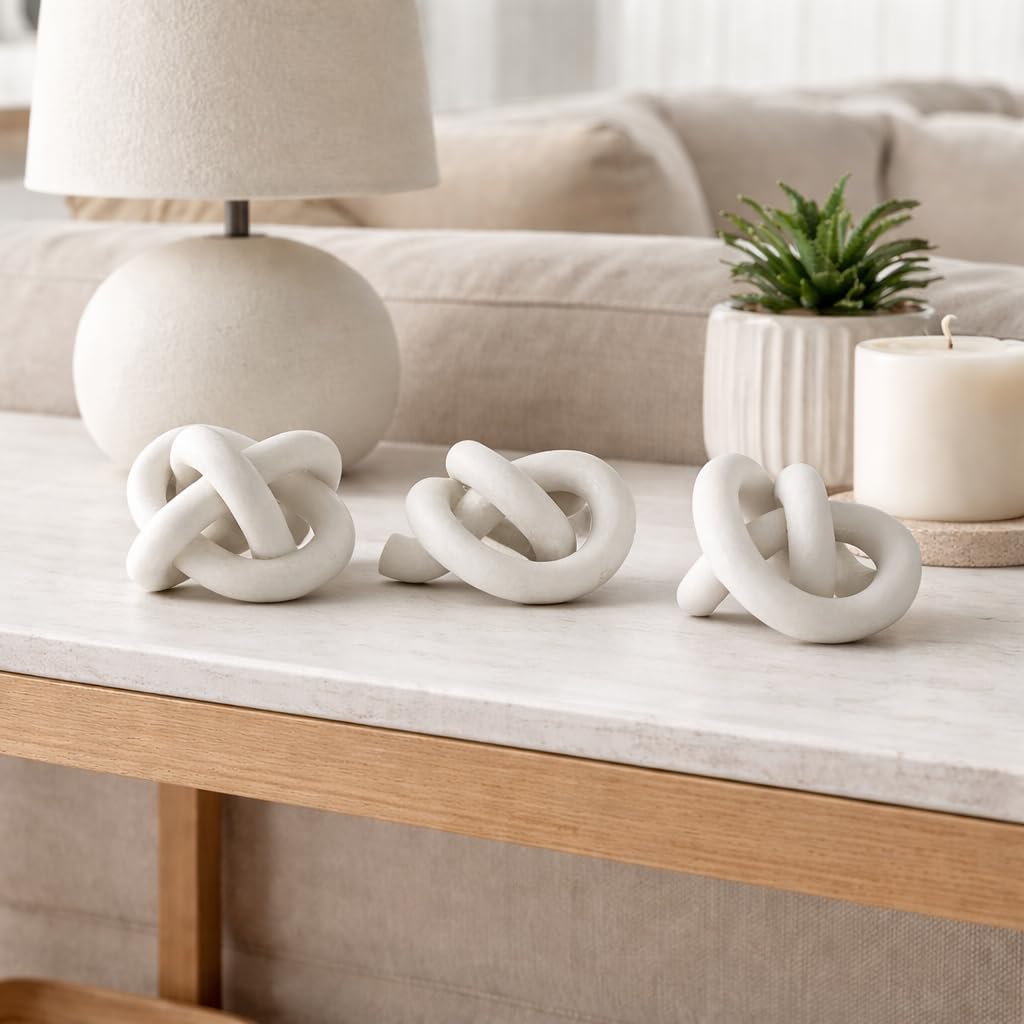 Elegant Quartz Knots Ornamental Sculpture - Stylish Home Decor Accent for Shelf, Bathroom, and Office Decor - Contemporary Room, Living Room, and Coffee Table Decor - Set of 3, 4", 4", 3", White