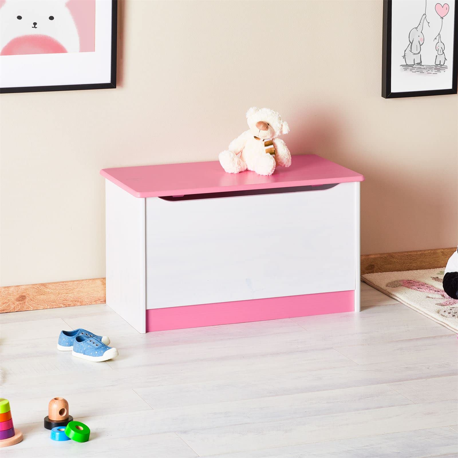 IDIMEX Coffre à Jouets Hannah Coffre de Rangement Malle rectangulaire avec abattant, en pin Massif lasuré Blanc Rose