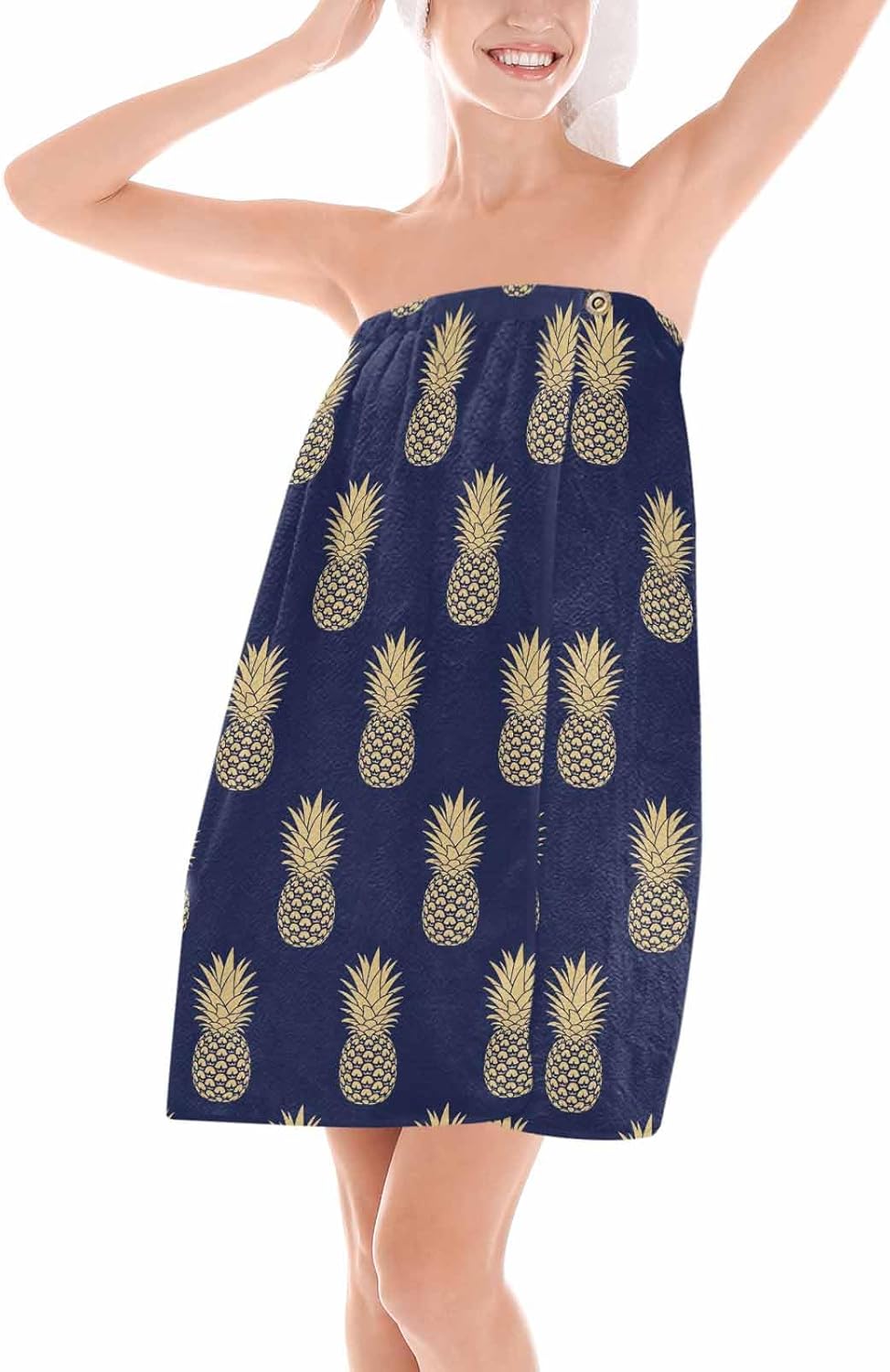 着るバスタオル 果物 パイナップル ミニマリスト 紺色バック ラップタオル 落ちない 着れる ズレない 吸水 ボタン付き 速乾 毛羽