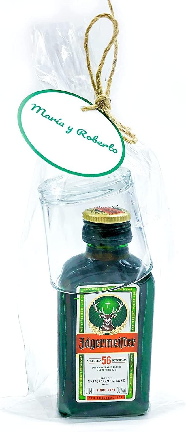 Mini Licor Jägermeister Con Vasito de Chupito y Etiqueta Personalizada para Regalar en Bodas, Comuniones o Bautizos (Jägermeister, 50)