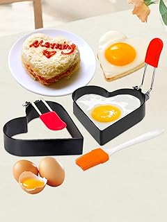 3.5" Egg Ring with Foldable Silicone Handle, Stainless Steel Round Shaped Egg Rings for Frying Eggs, Cooking Breakfast Sandwich Burger, English Muffins（Heart Shaped, 2 Pack）