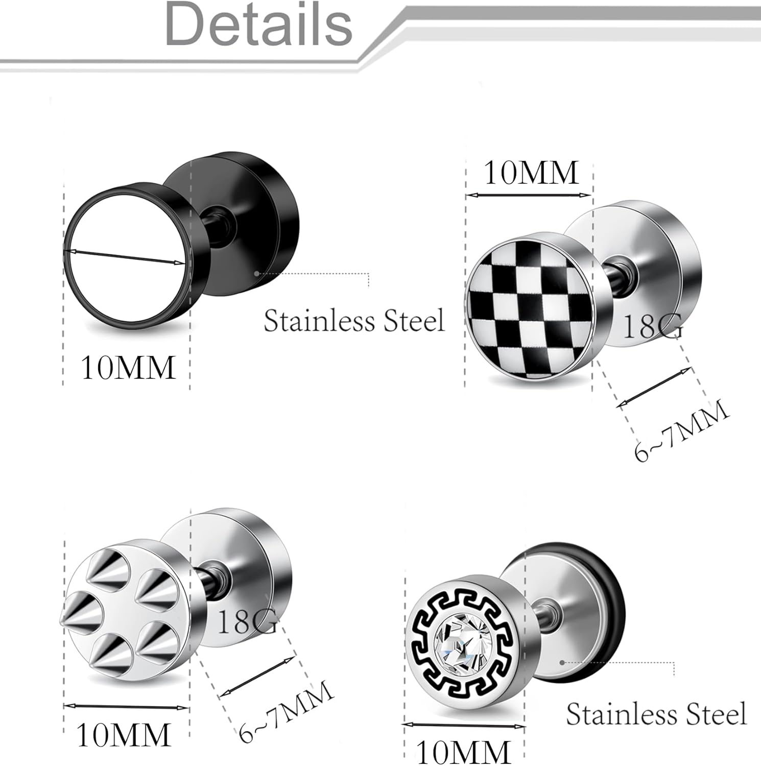15 Pairs Fake Gauge Earrings Stainless Steel CZ Barbell Cartilage Stud Earrings Set Plug Earrings Faux Gauges Ear Tunnel for Men Women Black Silver Plated 8mm 10mm - Image 2