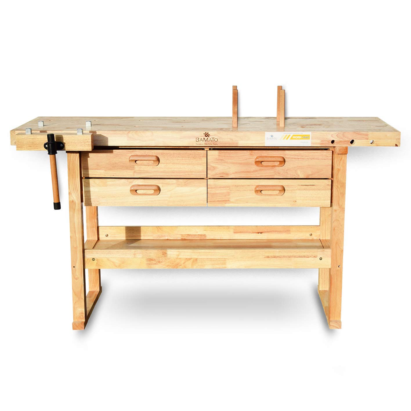 BAMATO Hobelbank WORK-1640 Werkbank Massivholz Holzhobelbank mit Schubladen | Massivholz Hobelbank mit 1520x500mm Arbeitsplatte | Inkl. 4 große Schubladen, 8 Bankhaken & 6-fach verstellbarer Spannzange