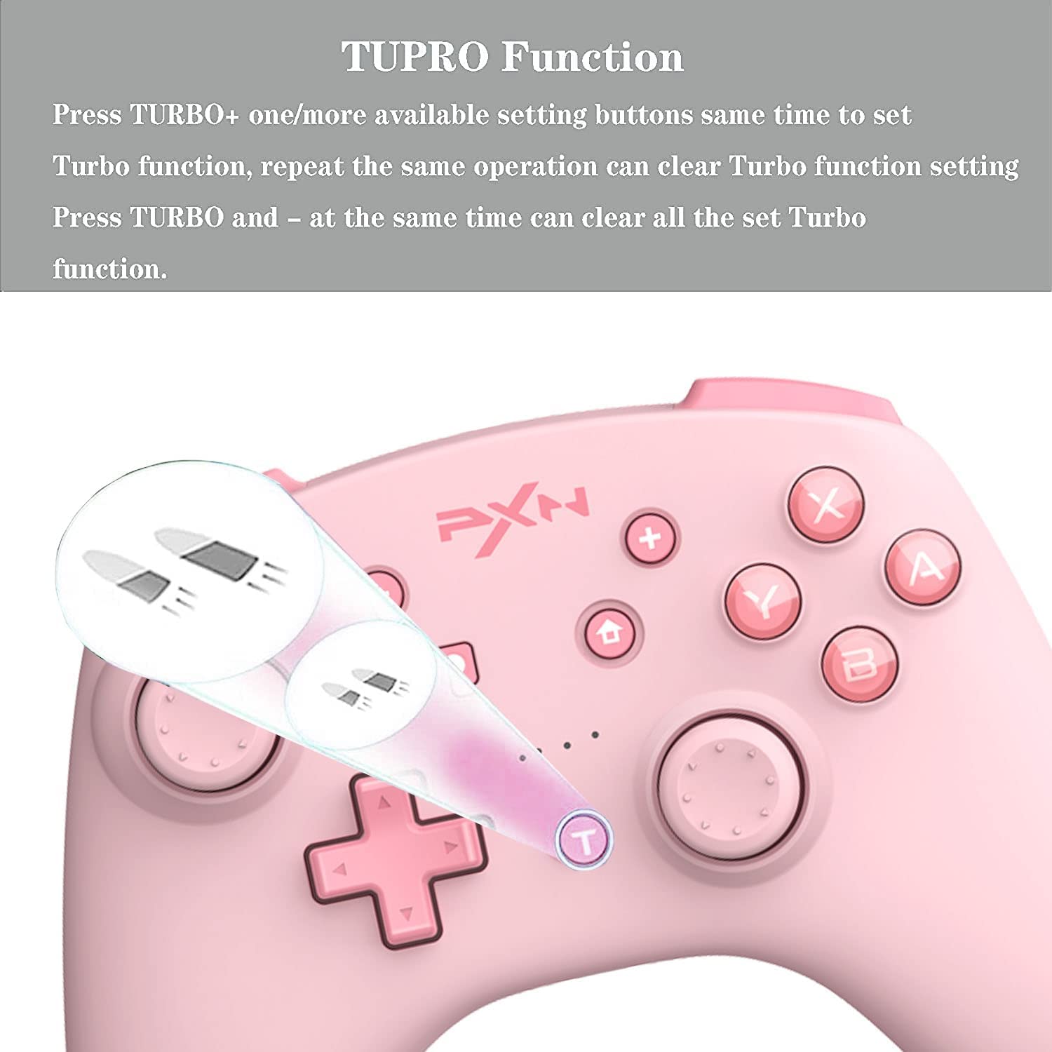 PXN Wireless Controller showing the Turbo button and its rapid fire effect