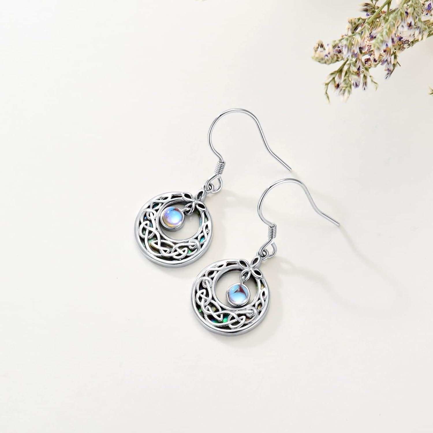 Celtic Moonstone Dangle Earrings 925 Sterling Silver Abalone Moonstone Earrings Celtic Knot Dangle Earrings Good Luck Irish Gifts for Women - Image 6