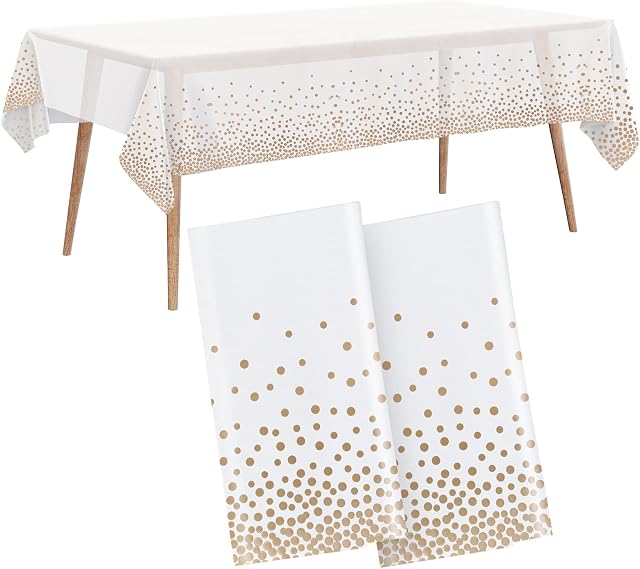 2Pcs White Plastic Table Cloth Party 137x274cm Tablecloths Gold Dot Rectangular Table Covers, Disposable Table Cloth for Graduation, Anniversary, Wedding, Christmas, Birthday Party (2, White and Gold)