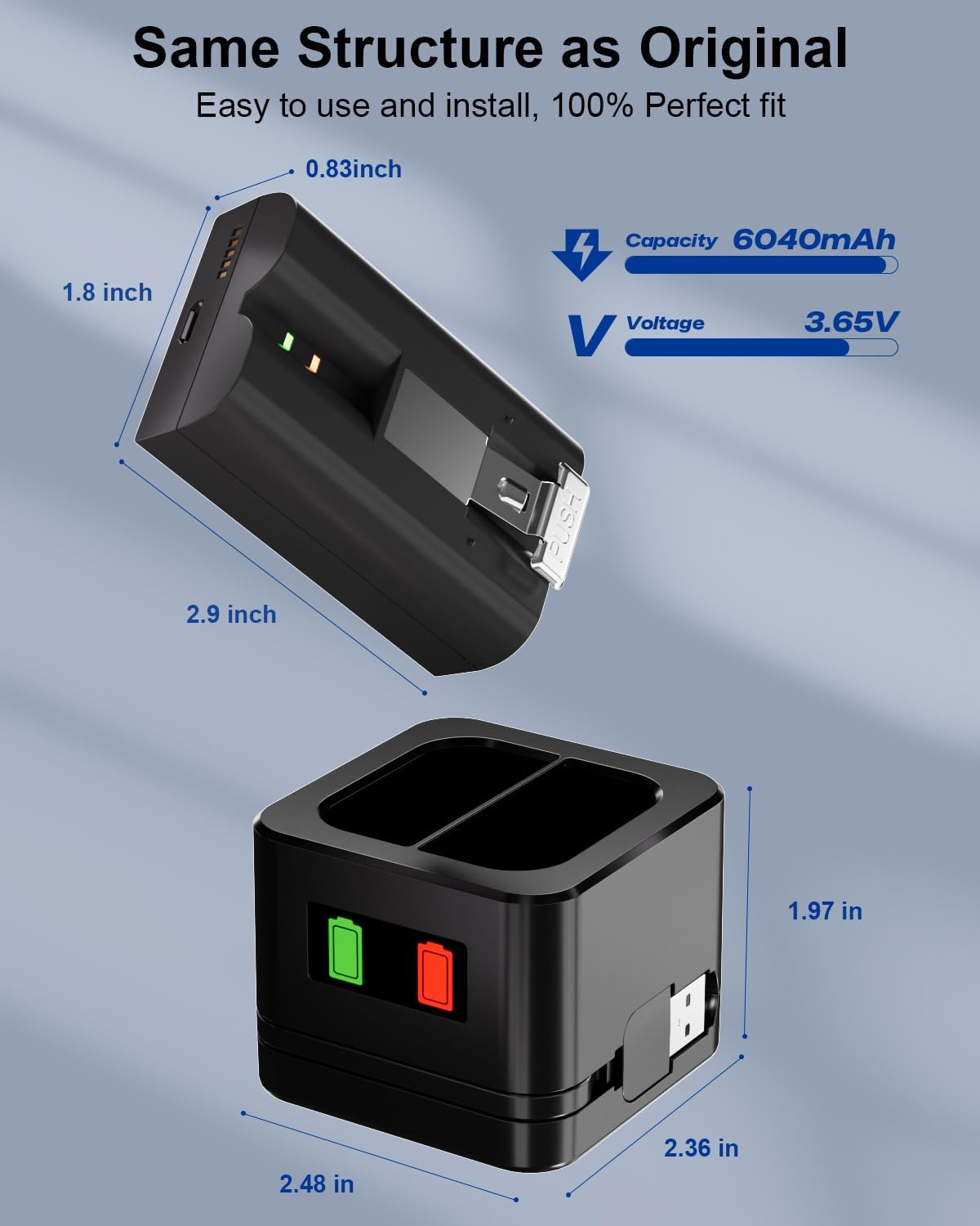 2 Pack Replacement for Ring Battery with Charger Station, 6040mAh Rechargeable Ring Doorbell Camera Batteries for Video Doorbell 2/3/3plus/4, Stick Up Cam/Spotlight Cam/Peephole Cam