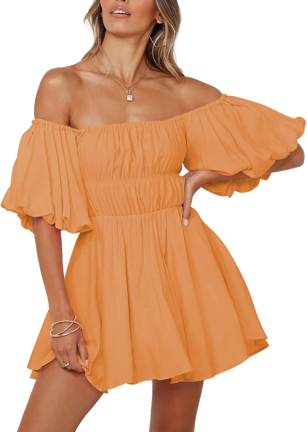 Dokotoo Womens Off The Shoulder Summer Dresses 2025 Short Lantern Sleeve Ruffle Elastic Waist A-Line Casual Mini Dress