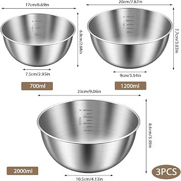 Stainless Steel Mixing Bowls Set,3 Pcs (23cm/20cm/17cm),Duty One-Piece Construction,Non-Slip Bottom,Brushed Finish,Ideal as Mixing Bowls for Baking,Dough Kneading,Salad & Food Prep