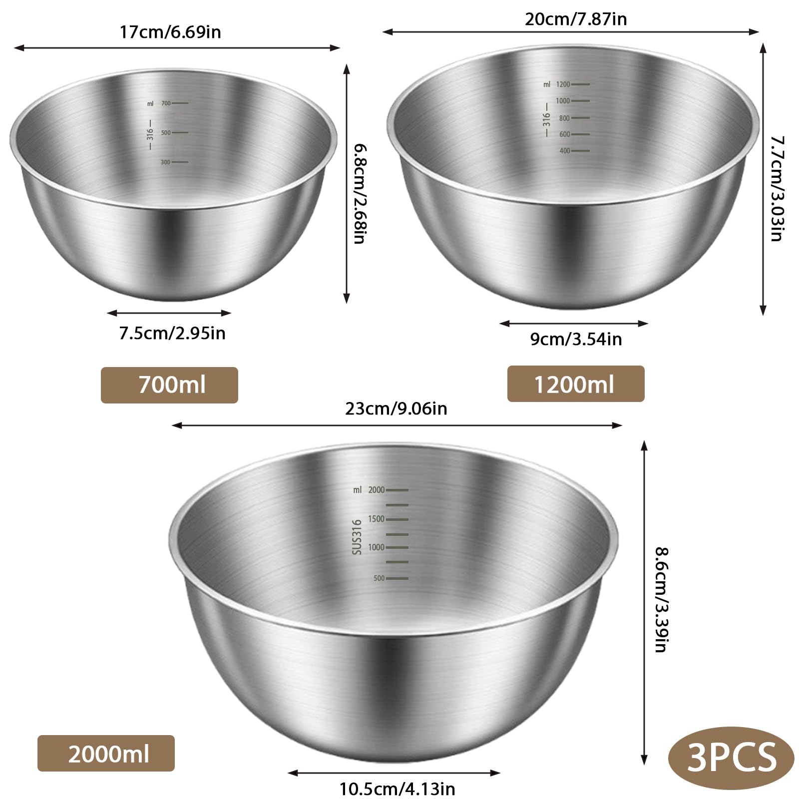 Set di 3 ciotole in acciaio inox, 22 cm, 19 cm, 17 cm, struttura monoblocco, fondo antiscivolo, finitura spazzolata, ideali come ciotole per impastare, impastare, insalata e preparazione di