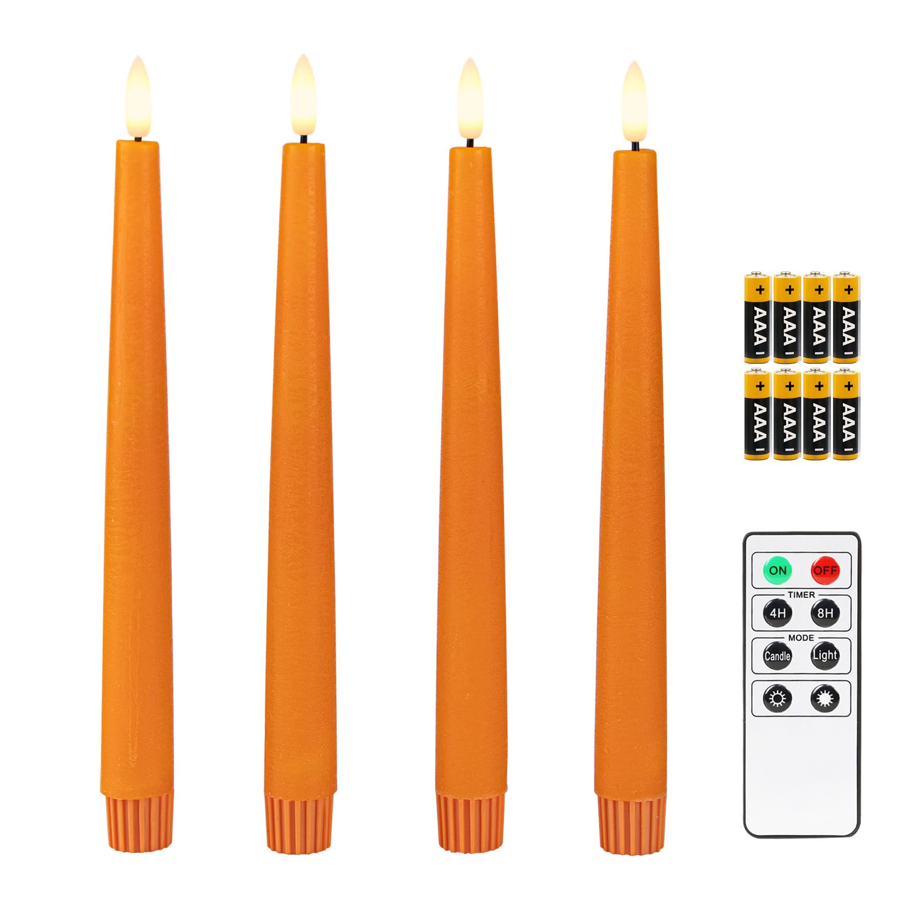 Fanna Orange Real Wax Flameless Taper Candles with Timer, Battery Operated Led Candlesticks for Halloween, Harvest and Autumn Decoration, Remote and Batteries Included - Set of 4