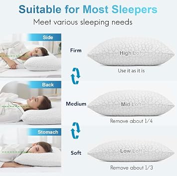 BETU Cooling Pillows for Hot Sleeping, Shredded Memory Foam Pillows Standard Size Set of 1,Adjustable Soft & Firm Gel Bed Pillow for Side, Back, Stomach Sleepers Gery