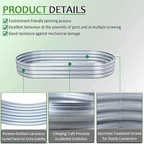 Vista 4 de FORTUNO 2 cajas de jardín elevadas galvanizadas de 7 x 3 x 1 pies, 82.7 x 35.5 x 12 pulgadas, maceta grande de metal ovalado para exteriores, maceta