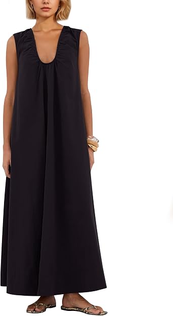 Women Flowy Maxi Dress Ruched Sleeveless Long Dress Vacation Fashion Summer Casual Loose Fit Sundress with Pockets