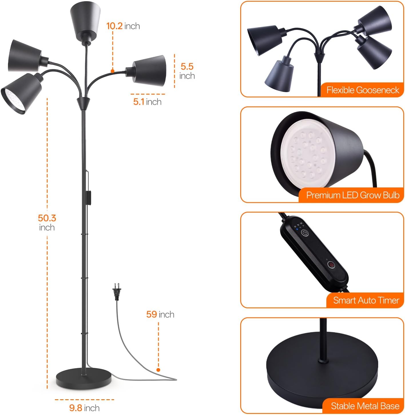 Bstrip Grow Lights for Indoor Plants, Non-Dimmable 4 Head Plant Light Stand with Flexible Gooseneck, 3800K Full Spectrum Light for Plants Growing, 59" Standing Grow Light with Timer