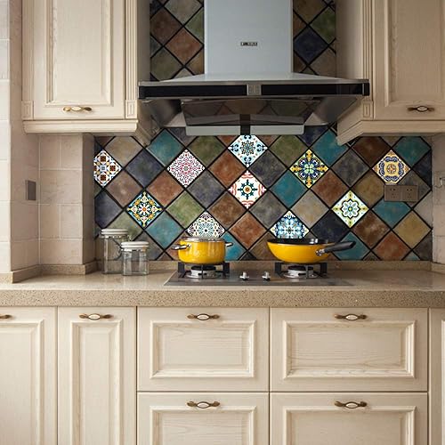 Miniatura 6 de 25 calcomanías de azulejos de estilo marroquí, murales tradicionales de bricolaje de 4 x 4 pulgadas, azulejos impermeables a prueba de aceite,