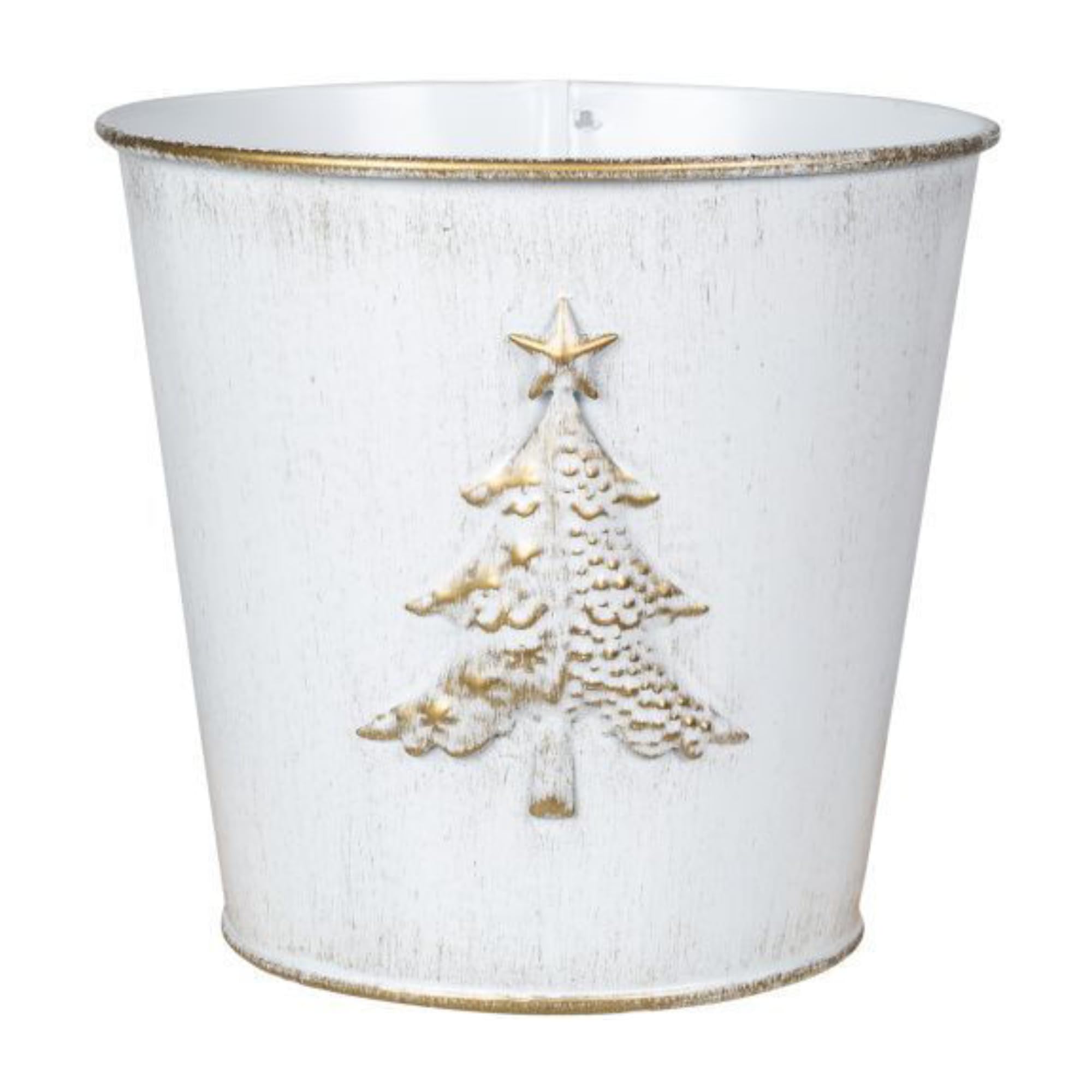 Fyne-Finds White Metal Christmas Tree Embossed Plant Pot 18Cm, 7Inch Tin Pail Planter 2.1L Gold Decor Xmas Gift (1)